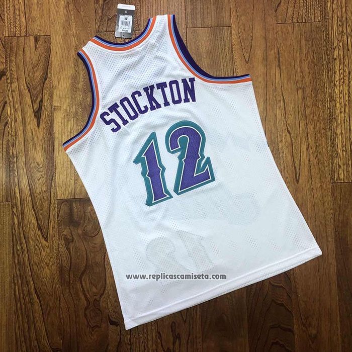 Camiseta Utah Jazz John Stockton #12 Hardwood Classics Throwback 1996-97 Blanco
